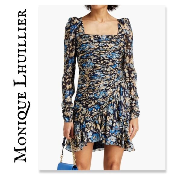 ML MONIQUE LHUILLIERRuched floral-print metallic fil coupé mini dress EUC - Picture 1 of 13